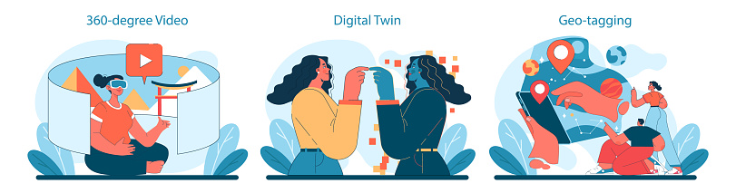 Virtual Tourism set. 360-degree video for immersive experiences, replicating places with digital twins, and mapping journeys with geo-tagging. Vector illustration.