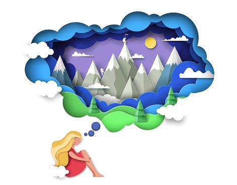 Young woman dreaming about mountain travel and outdoor vacation trip origami paper cut vector illustration design. Wanderlust adventurous dreams