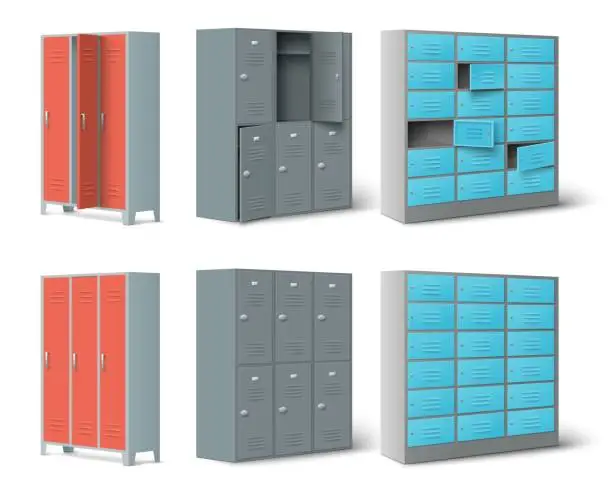 Vector illustration of Isolated set of stainless steel grey and colored lockers for storage