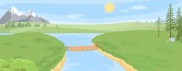 Vector illustration of Bridge over river connecting two land masses with natural background