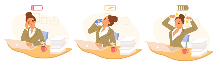 Female office worker feeling tired and lack of energy drinking energetic beverage to increase productivity and effectiveness at workplace vector illustration