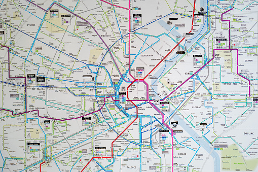 Bordeaux, France - April 7th, 2024: Information route map pole metro and trams in Bordeaux, France