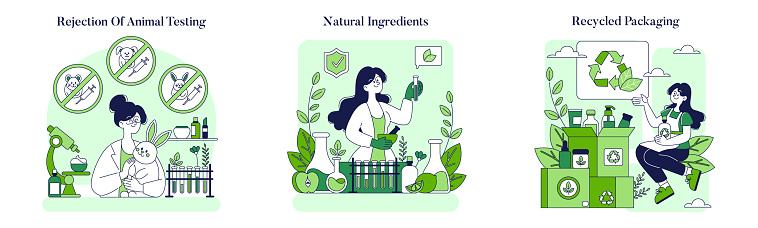 Ethical Cosmetics set. Cruelty-free practices, use of natural ingredients, and eco-friendly packaging. Advancing sustainable beauty industry. Vector illustration.