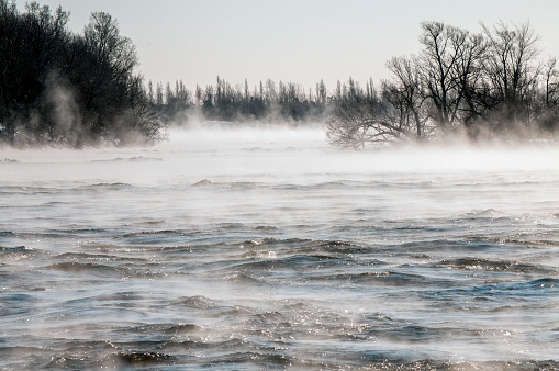 Located near Montreal, in the borough of LaSalle. Quebec,  the fast moving waters on an extremely cold winter day.