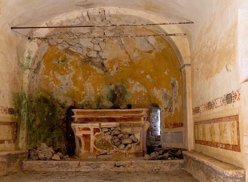 View inside ancient church nave in ruins, X11 Century