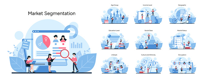 Market Segmentation set. Detailed visual guide to categorizing audiences by demographics and behavior. Engages in age, income, education, and lifestyle factors. Vector illustration