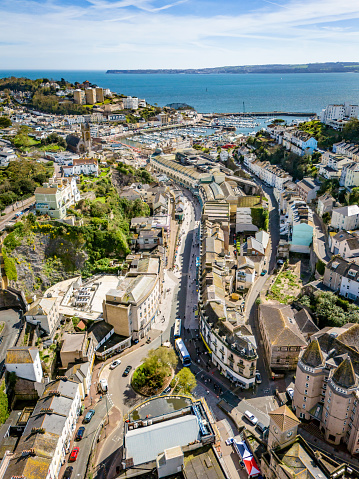 Aerial view of Torquay High Street, towards the coast, in Devon