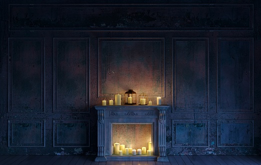 3D illustration. Fireplace and candles in an abandoned castle