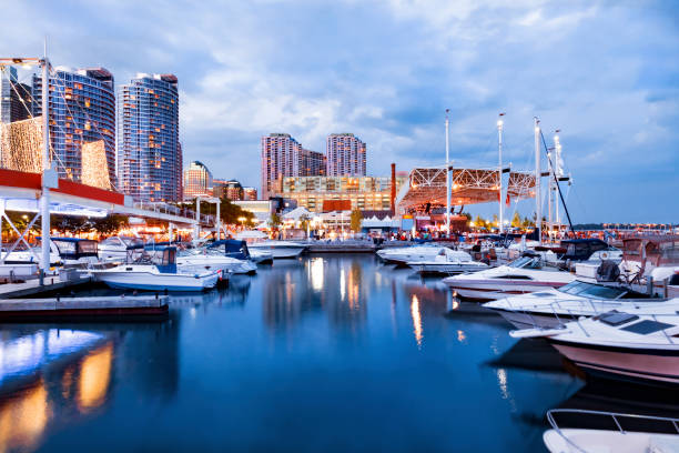 istock Boats in Toronto Harbourfront marina at dusk 2148416869