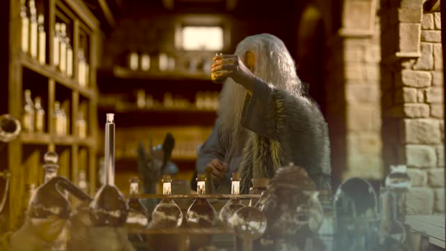 An old alchemist in a medieval chemical laboratory workshop