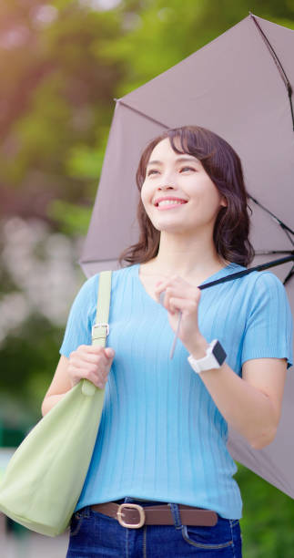 asian woman stand outdoors happy