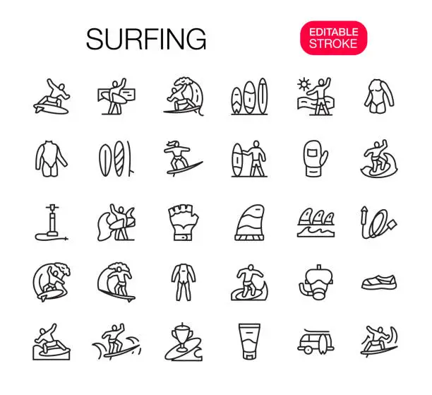 Vector illustration of Surfing Line Icons Set, Editable Stroke