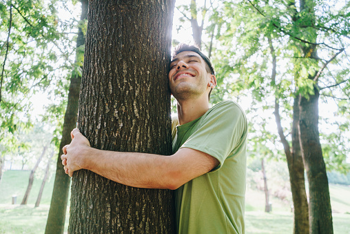 Young man embracing tree outdoors