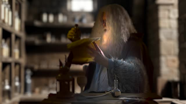 An old alchemist in a medieval chemical laboratory workshop