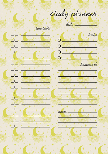 Study planner floral design Categories of notes. Vector pattern with moon and peony illustration. Personal organizer. Notebook vector template