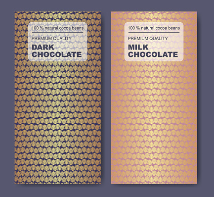 Chocolate package mockup golden leaf. The original finest design label collection botany plants on dark background. Modern typography. Editable packaging template collection.