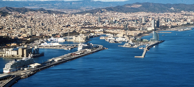 The port harbor in Barcelona is one of the busiest in Europe. Here's a view of it from a plane landing on a nearby airport.