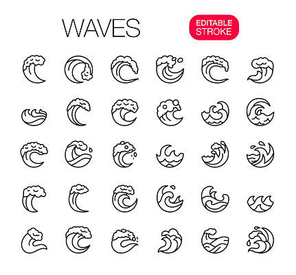 Waves line icons set. Editable Stroke. Vector illustration. Set of meticulously designed icons featuring waves in the form of circles, ideal for enhancing themes related to water, nature, sound, and movement in your digital or print projects.
