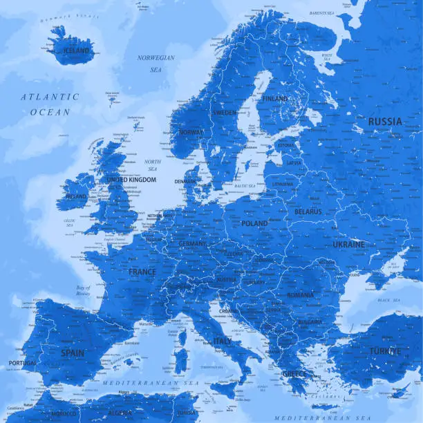 Vector illustration of Europe - Highly Detailed Vector Map of the Europe. Ideally for the Print Posters. Blue Grey Colors. Relief Topographic and Depth
