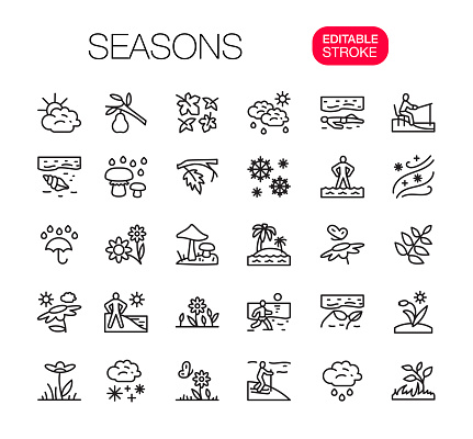 Four Seasons Line Icons Set, Editable Stroke. Vector illustration.