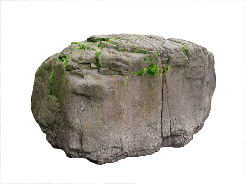 big stone covered with moss isolated on white background