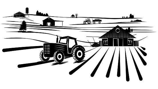 Silhouette scene from farm life with fields with tractors, barns and houses isolated on white background. Vector rural clipart.