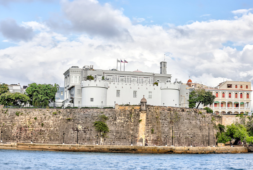 San Juan, Puerto Rico - March 26, 2024:  La Fortaleza, a monumental fortification incorporating residence of the island's governor, dating from 16th-century in the old town of San Juan, Puerto Rico