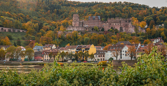 View on houses on the riverbank of Neckar river in the German city Heidelberg. Day time during autumn. Wonderful must-see tourist destination in europe. Beautiful historical old town. University city.