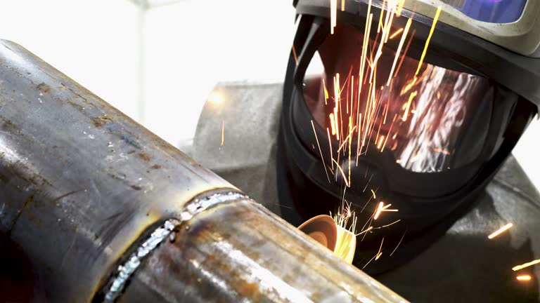 Industrial factory worker in safety mask weld metal pipe on grinding equipment