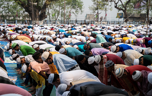 Guwahati, India. 11 April 2024. Muslims gather to perform Eid al-Fitr prayer at Eidgah in Guwahati, India on April 11, 2024. Muslims around the world are celebrating the Eid al-Fitr holiday, which marks the end of the fasting month of Ramadan.
