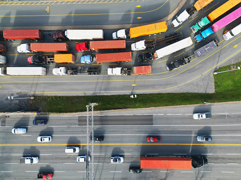 Aerial view of heavy traffic at a container pier.