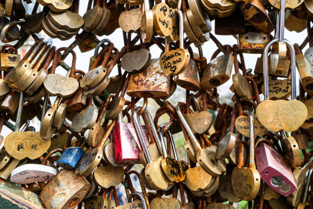 Paris, France - April 6th, 2024: Paris love Padlocks at the Sacre Coeur cathedral. Tourists around the world are celebrating their love by placing a padlock on the wall near by the Sacre Coeur.