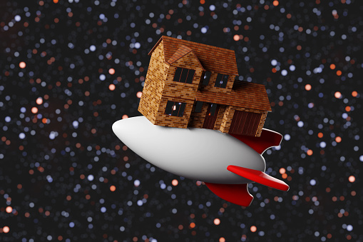 Detached house on a toy rocket in starry outer space. Illustration of the concept of rapidly rising prices of real estate properties and houses