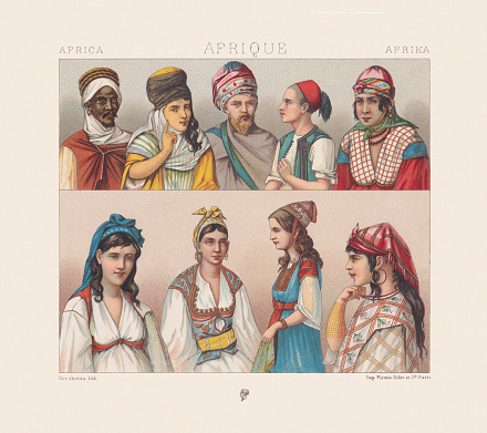 Traditional North African clothing, top (left to right): Man of the Arab Zwelas tribe from Oran (West Algeria); Kouloughli woman (mixed offspring of Ottoman officials and janissaries, and local North African women); man of the Chaoui people (Berber ethnic group native to the Aurès region in northeastern Algeria); Moorish boy and woman. Below: Andalusian Moorish woman; Kouloughli woman; Moorish woman; Kouloughli woman. Chromolithograph from the book 