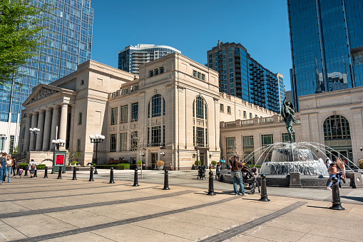 Nashville, Tennessee - April 9, 2023:  Schermerhorn Symphony Center off Broadway in downtown.  Neoclassical building performance venue for classical pop and jazz concerts