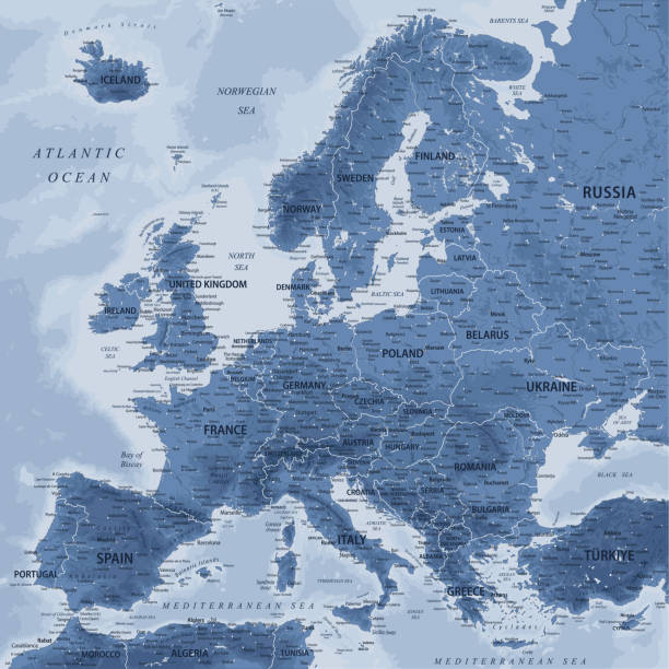 europa - hochdetaillierte vektorkarte von europa. ideal für die printplakate. grau silber monochrome farben. relieftopografie und tiefe - iceland map city map relief map stock-grafiken, -clipart, -cartoons und -symbole