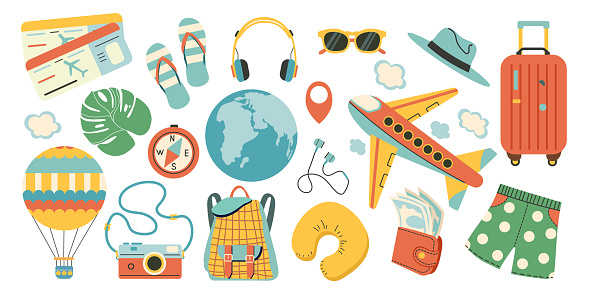 Voyage luggage and tourism accessories. Travel set. Traveling collection, camera and hat, accessories needed in trip, baggage, money, backpack, documents. Trip vacation icons. Vector illustration