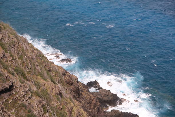 Looking down on waves of the blue Pacific Ocean crashing onto the lava rock coastline on the island of Oahu, Hawaii.  The blue Pacific against the rough, black and brown lava rock coastline makes for a dramatic view.