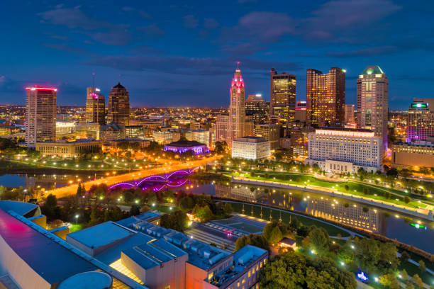 istock Columbus Ohio Skyline Aerial At Dusk With River And Bridge 2148438068