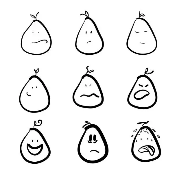 Vector illustration of a set of drawings of pears with different facial