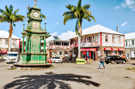 Basseterre, St Kitts and Nevis - March 28, 2028: Sights along the streets and shopping district of the port town of Basseterre in Saint Kitts and Nevis