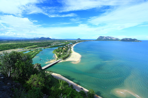Beautiful scenery of Prachuap Bay, white sand beach, clear water, Prachuap Khiri Khan Beach, Thailand