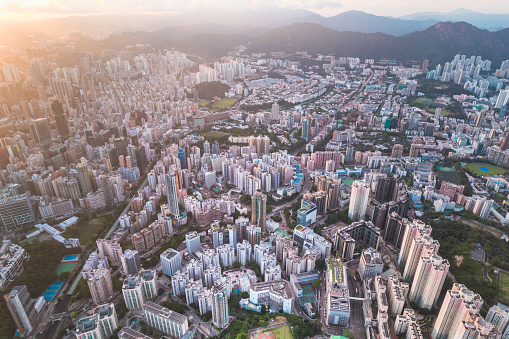 Amazing aerial view of the metropolis Hong Kong, Hung Hom district, Kowloon, eveing