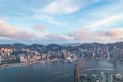 City landscape of the famous travel landmark, aerial view of Hong Kong, Victoria Harbour