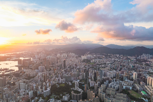 Amazing aerial view of the metropolis Hong Kong, Hung Hom district, Kowloon, sunset