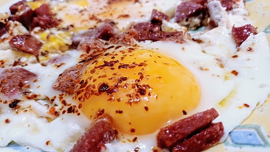 Egg with sausage, turkish food name sucuklu yumurta