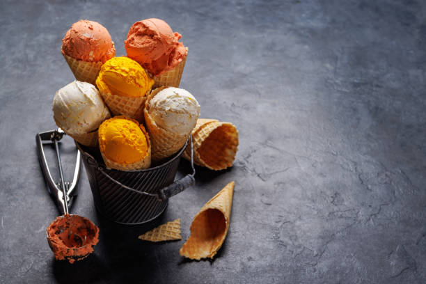 Assorted ice cream flavours in delightful waffle cones