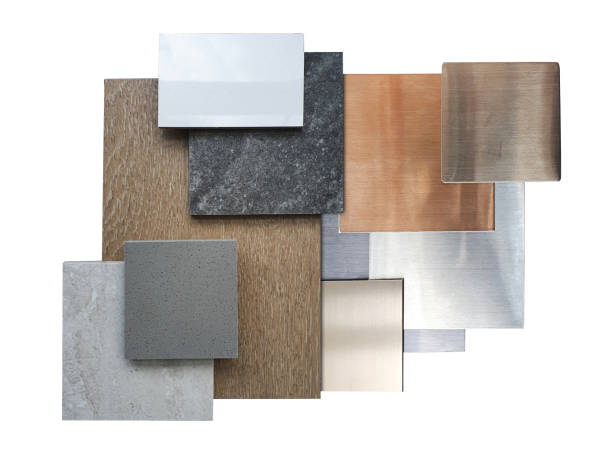 istock composition of interior material samples including wood veneer, ceramic tiles, multi color of aluminium metallics, travertine granite tile, artificial stone isolated on background with clipping path. 2148442618
