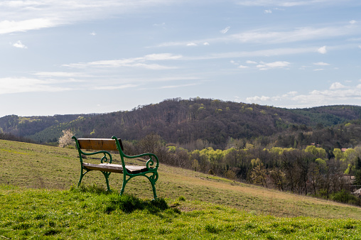 Bench on the hillside with a forest in the background on a sunny day in springtime.