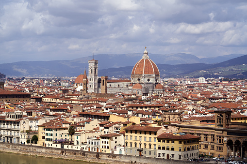 Florence, Italy, March 20 - A view of the Brunelleschi dome of the Florence Cathedral of Santa Maria del Fiore, also known as the Duomo of Florence, one of the most visited places in Italy and in the world, is the third Cathedral in Europe, after St. Peter's in Rome and St. Paul's in London. The construction work began in 1296, while the consecration of the temple took place in 1436.